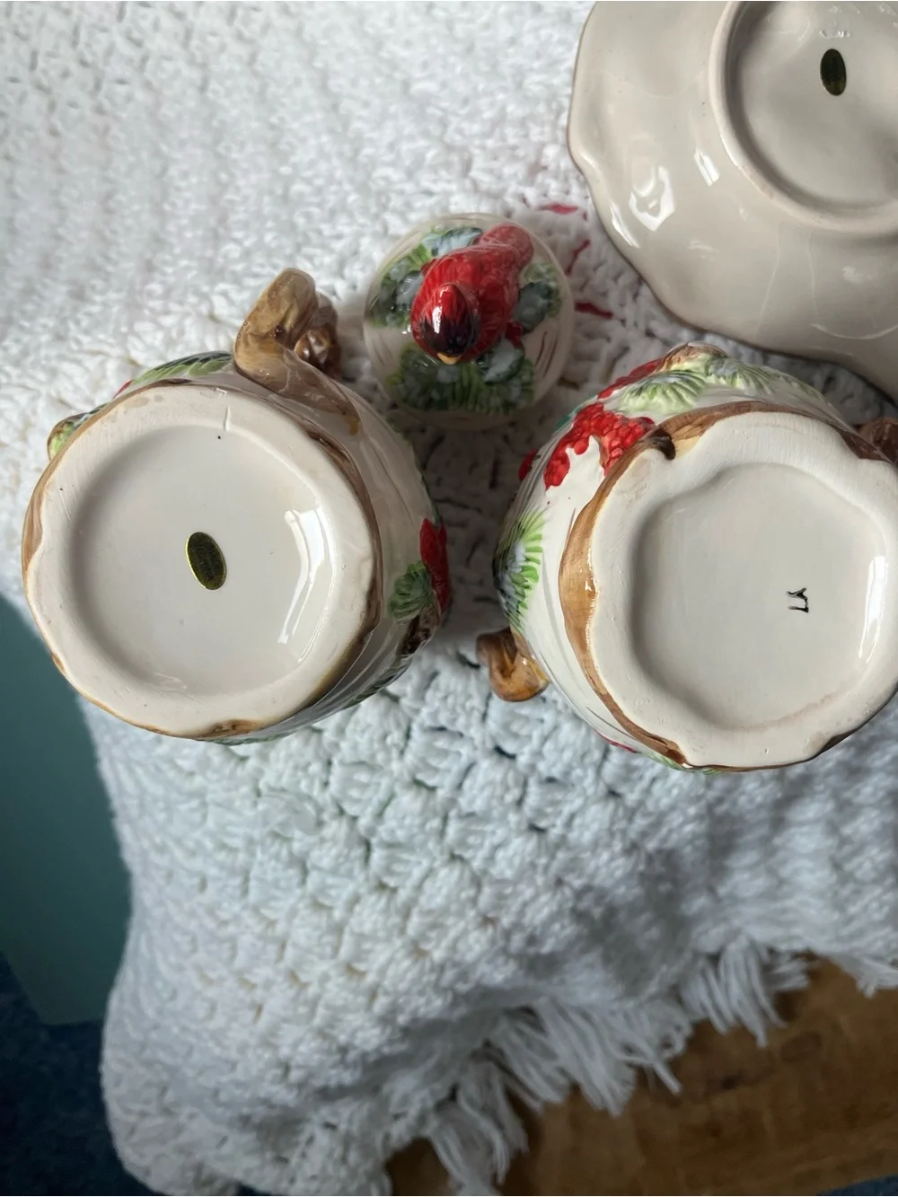 Christmas Traditions Red Cardinal Bird Sugar Bowl, Creamer Set and Spoon Rest